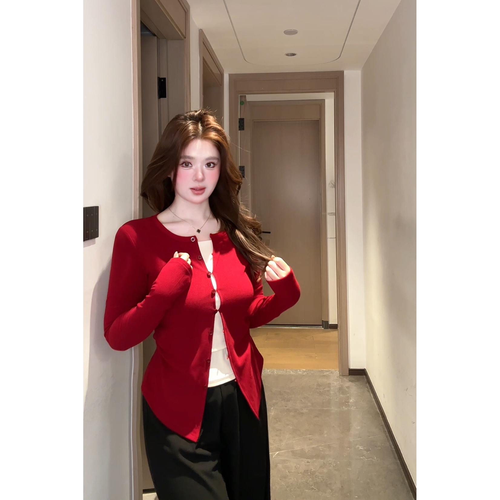 微胖mm圣诞红色假两件长袖T恤女秋冬修身内搭打底衫假两件上衣