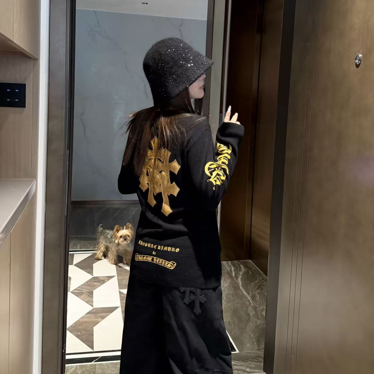 【小婵定制】潮牌暗金系列十字架刺绣拼皮修身罗纹针织衫ins纯欲风