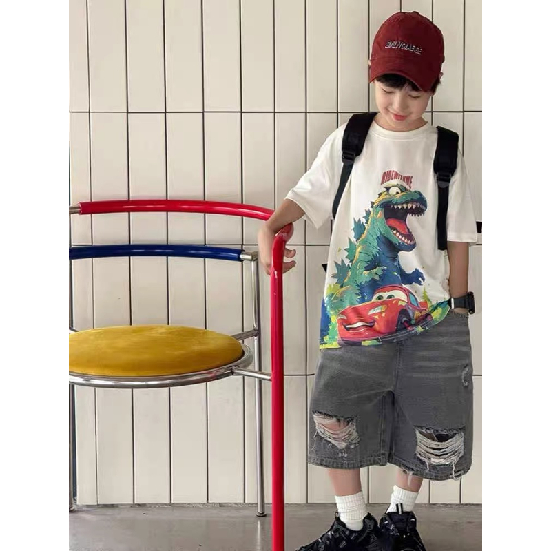 鹿小生童装夏季男童韩版百搭时尚潮流宽松儿童圆领短袖 C88910