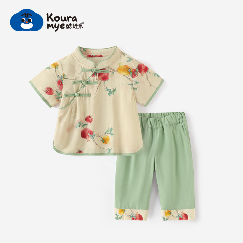 酷娃米2024夏季新款儿童短袖中小女宝宝新中式斜襟盘扣套装50106