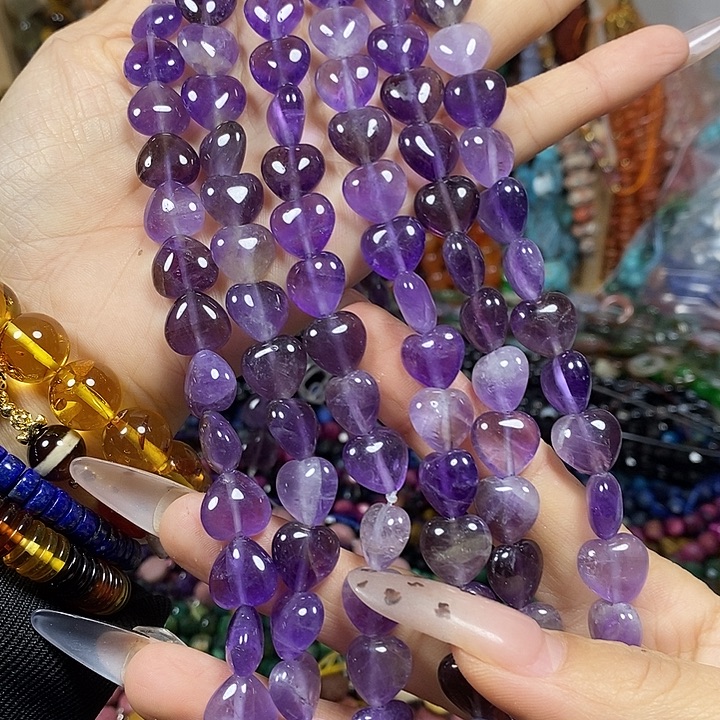 玛瑙/玉髓未镶嵌珠宝半成品天然紫水晶爱心卡12mm一条