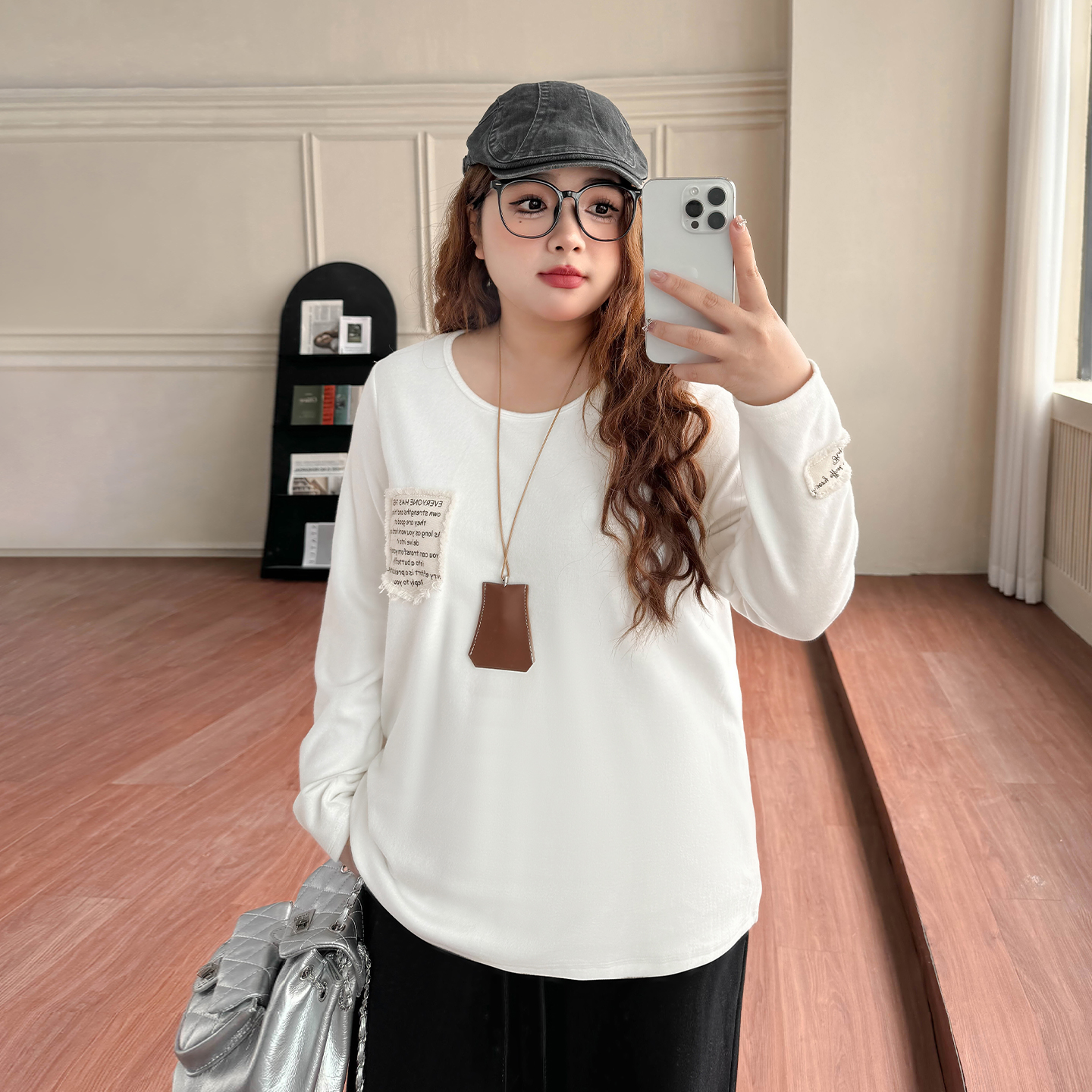 DD8589大码女装【松弛感打底衫】春季胖mm磨毛口袋拼接长袖针织T恤