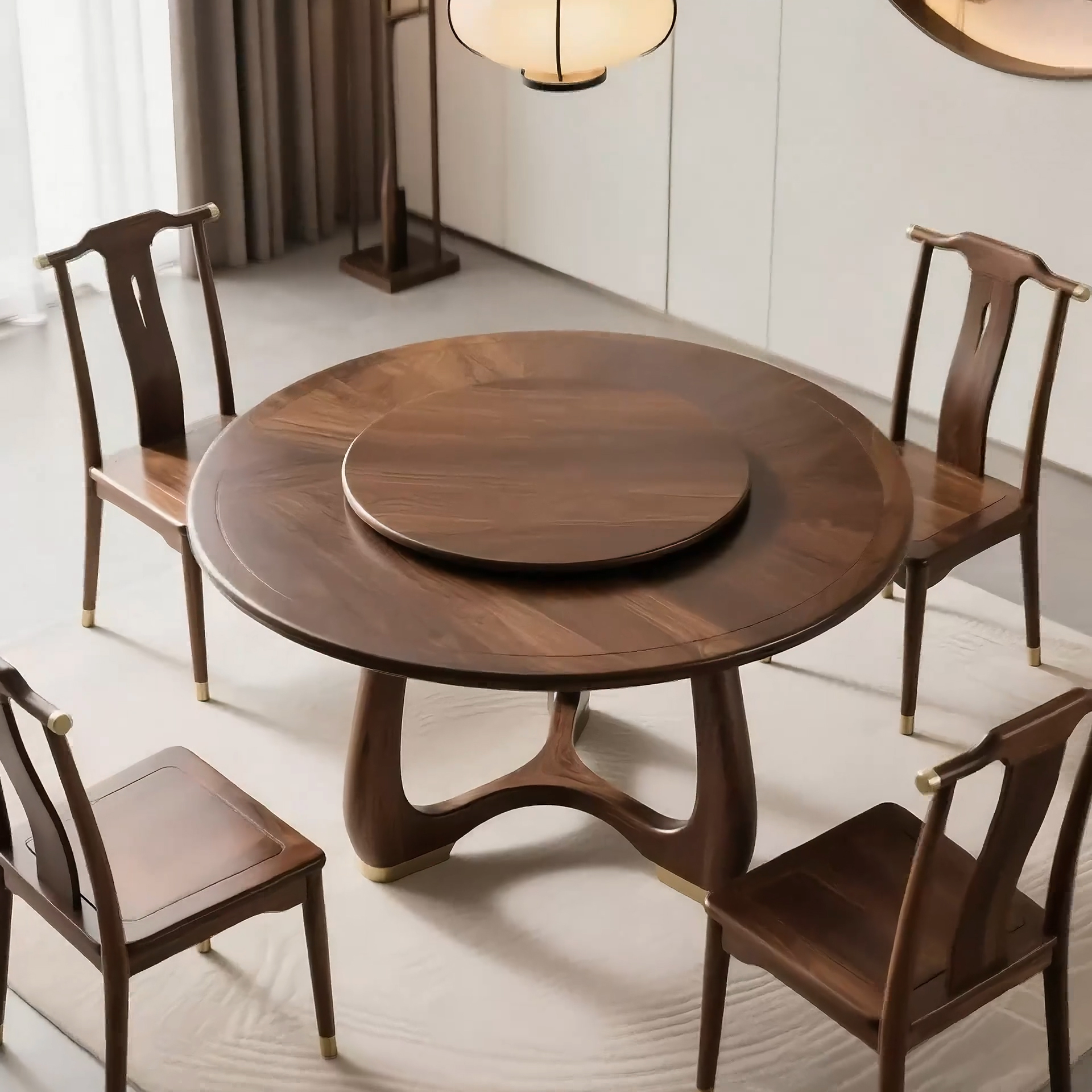 新中式北美黑胡桃木餐桌现代简约酒店包厢餐厅设计师家用圆桌饭桌