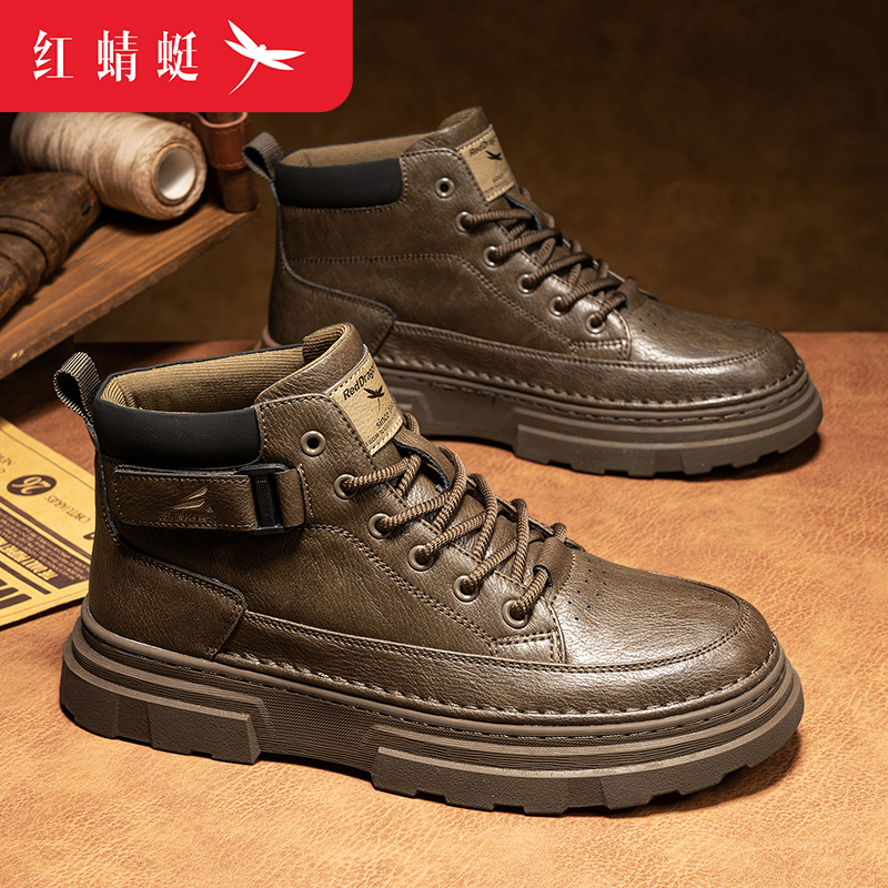 红蜻蜓马丁靴男款2025新款爆款冬季中帮厚底增高休闲皮鞋男士男鞋