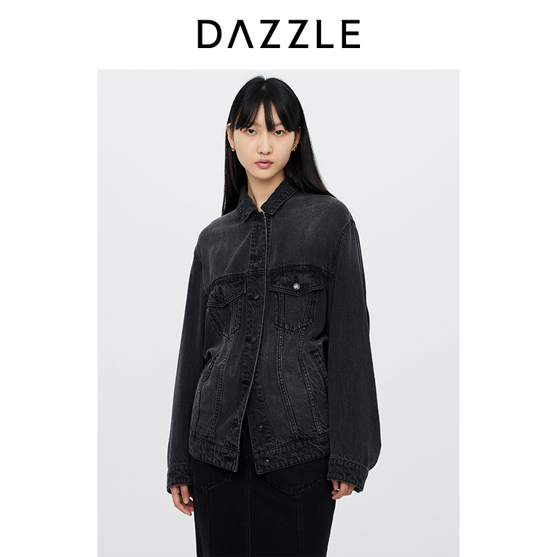 DAZZLE地素奥莱 短外套24秋新黑色磨白牛仔长袖外套2I3RD02