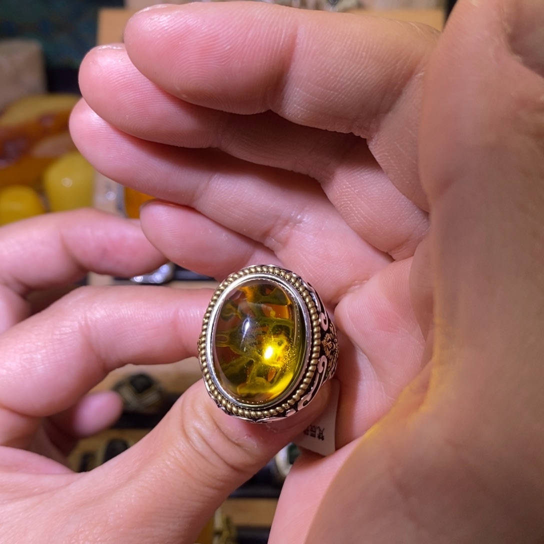 琥珀戒指银S925镶嵌耕**云
