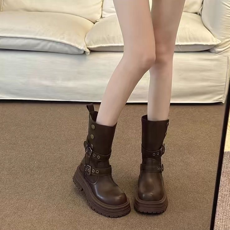 2025秋冬厚底两穿马丁靴女加绒厚底英伦风中筒骑士靴女美拉德靴子