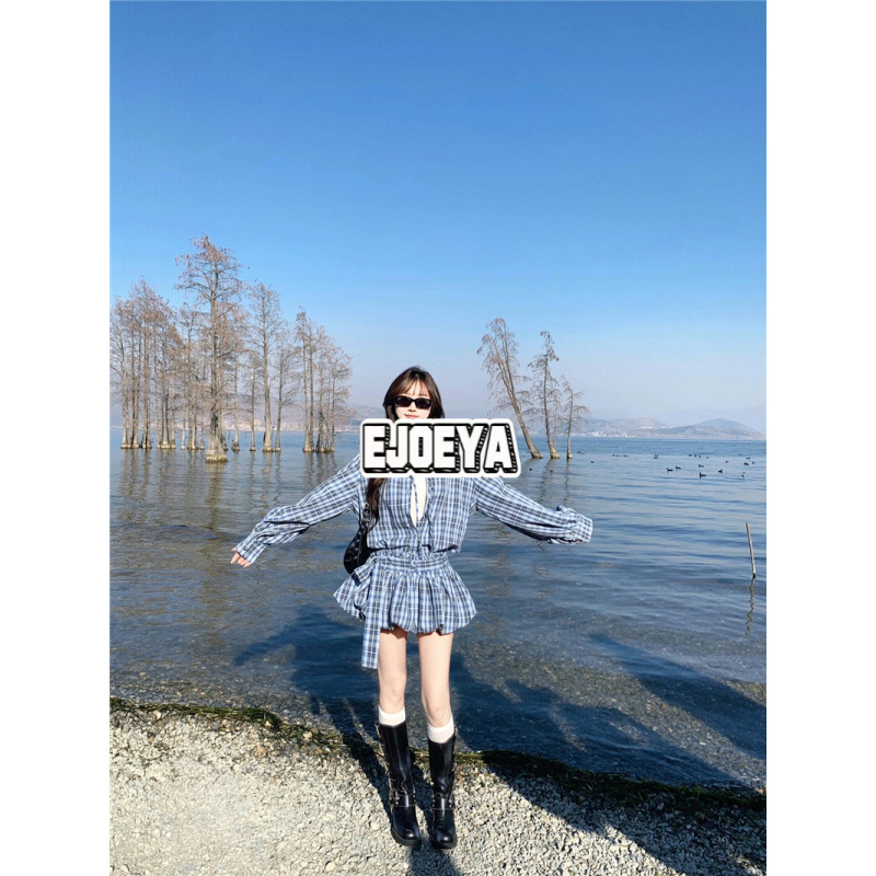 EJOEYA“甜心辣妹”蓝调纯欲复古格纹衬衫短款裙裤辣妹宽松装