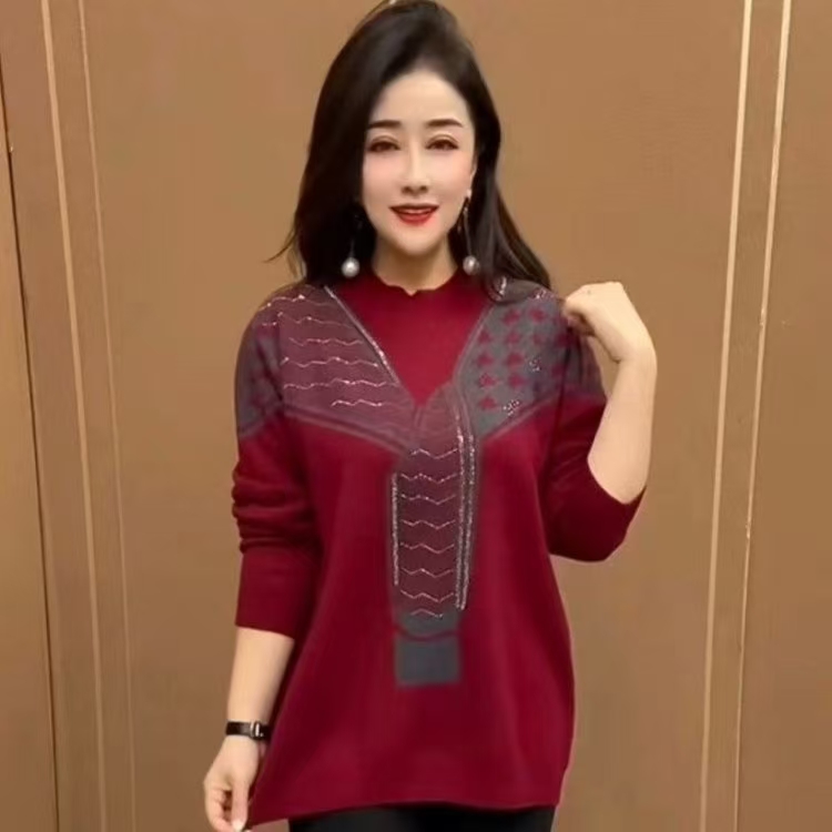早秋新款时尚圆领宽松针织衫妈妈装毛衣洋气遮肉显瘦百搭打底衫