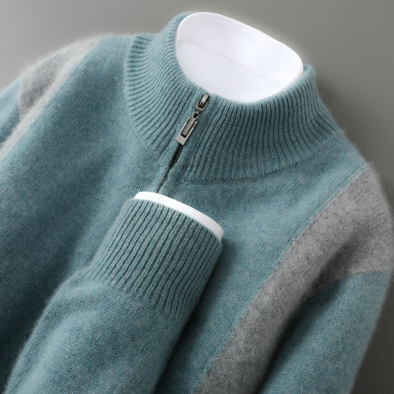利落又不失格调！新款男士拼色半高拉链羊绒开衫宽松休闲加厚打底