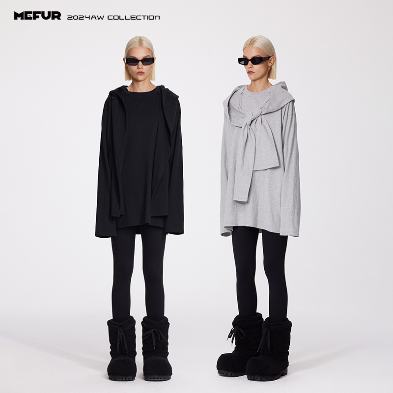 MEFUR刺绣假两件T恤女2025秋季新款简约连帽纯色长袖叠穿长袖上衣