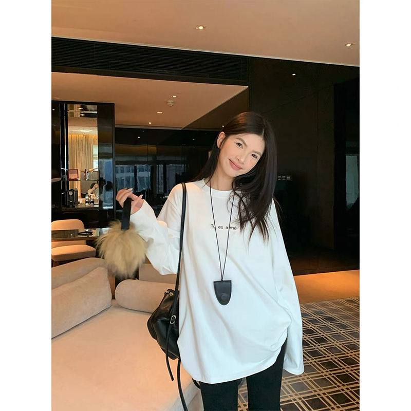 阿球【绒感大白T】微胖mm字母长袖圆领美式T恤显瘦宽松中长款百搭