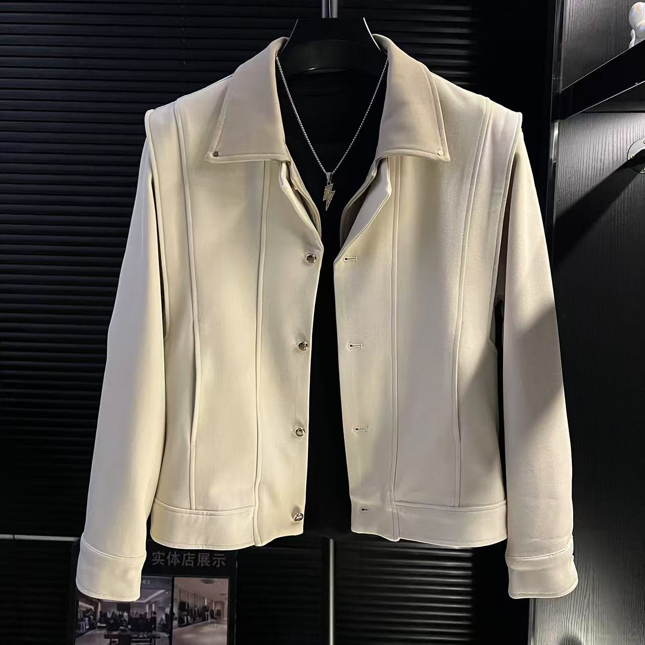 H-秋季美式复古硬挺夹克外套男士高级感设计感上衣翻领百搭潮