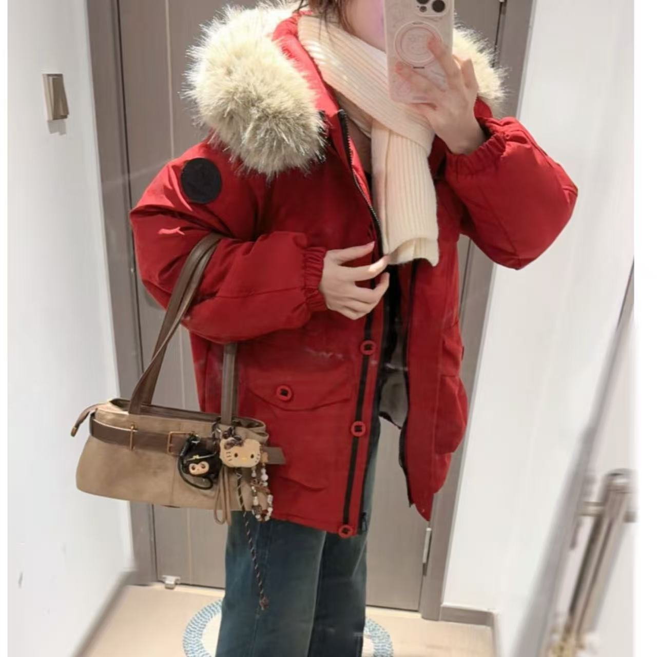 加绒加厚连帽派克服大毛领韩版宽松休闲百搭通勤棉服外套