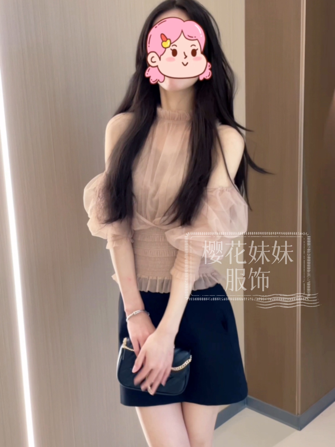 樱花妹妹 少女心满满 网纱泡泡袖短款收腰小上衣