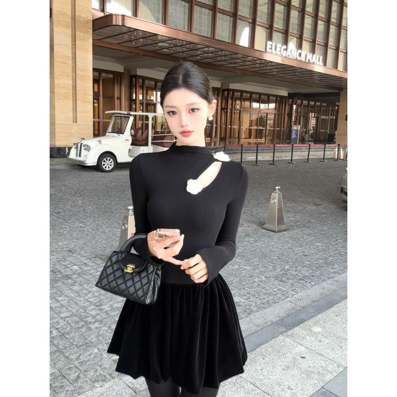 春日部【夜影轻褶】黑色修身千金感连衣裙01440