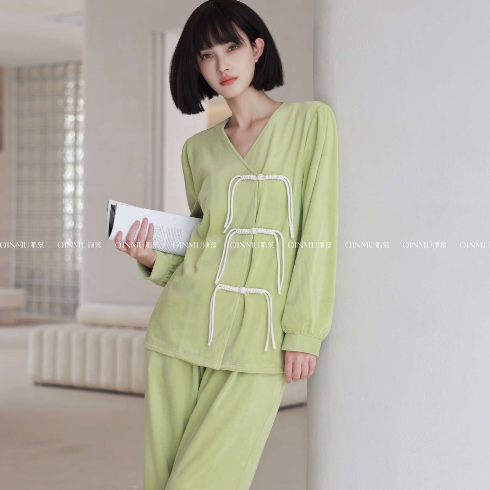 QM正品睡衣女秋冬新款复古国风盘扣流苏海岛绒加厚保暖套装家居服