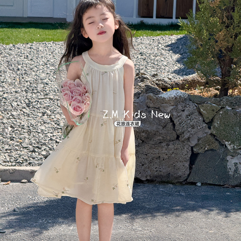 【花旅】2025夏季儿童吊带裙沙滩裙碎花米白色女童连衣裙H-19501