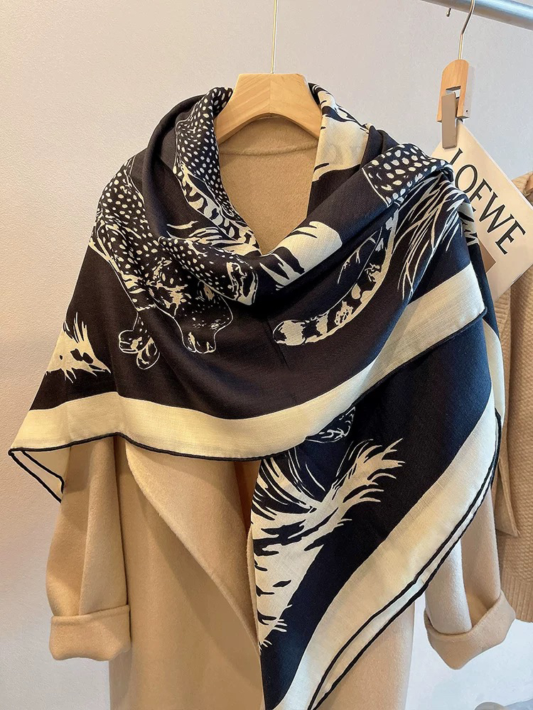 【单面丝毛】黑白豹子桑蚕丝羊毛丝巾双面精致时尚百搭 尺寸130