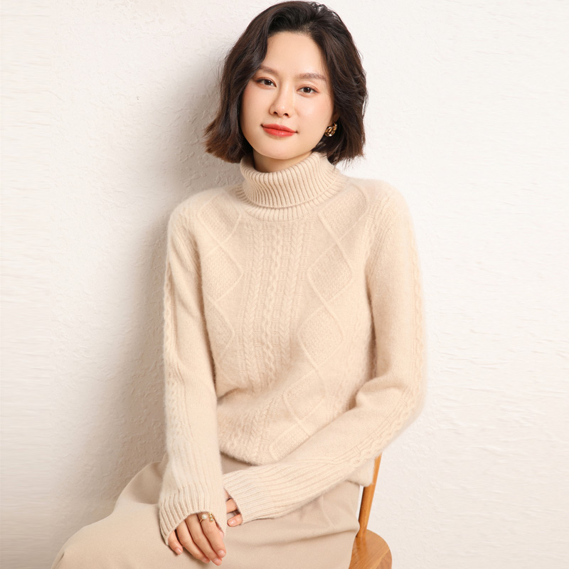 【重磅加厚】高翻领山羊绒衫女套头钮花工艺毛衣加厚针织宽松打底衫