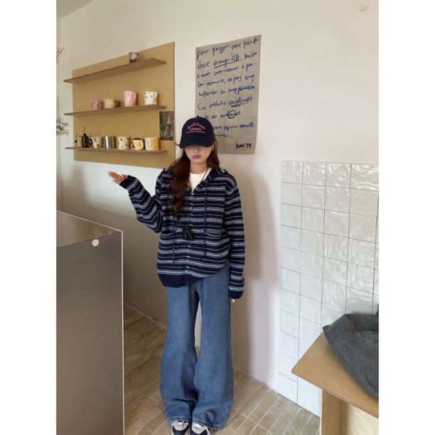 ONNI 拖地裤复古蓝色牛仔裤秋冬加绒直筒宽松阔腿百搭显瘦裤#6706