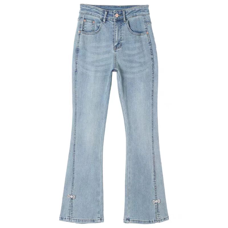 微喇牛仔裤女2025年夏季新款高腰显瘦新中式国风开叉弹力喇叭裤