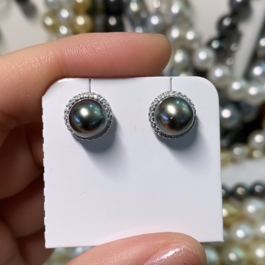 海水珍珠耳饰银S925镶嵌芹*8-9