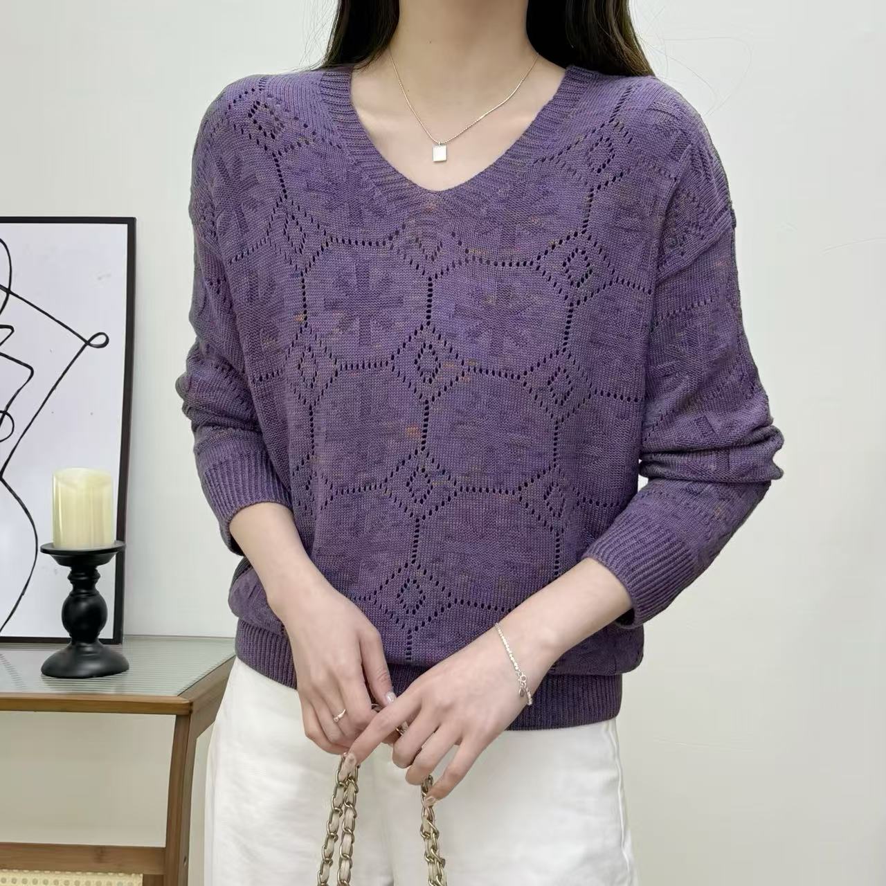 【正品现货】七彩棉线春季新款女装韩版宽松V领套头针织衫气质上衣