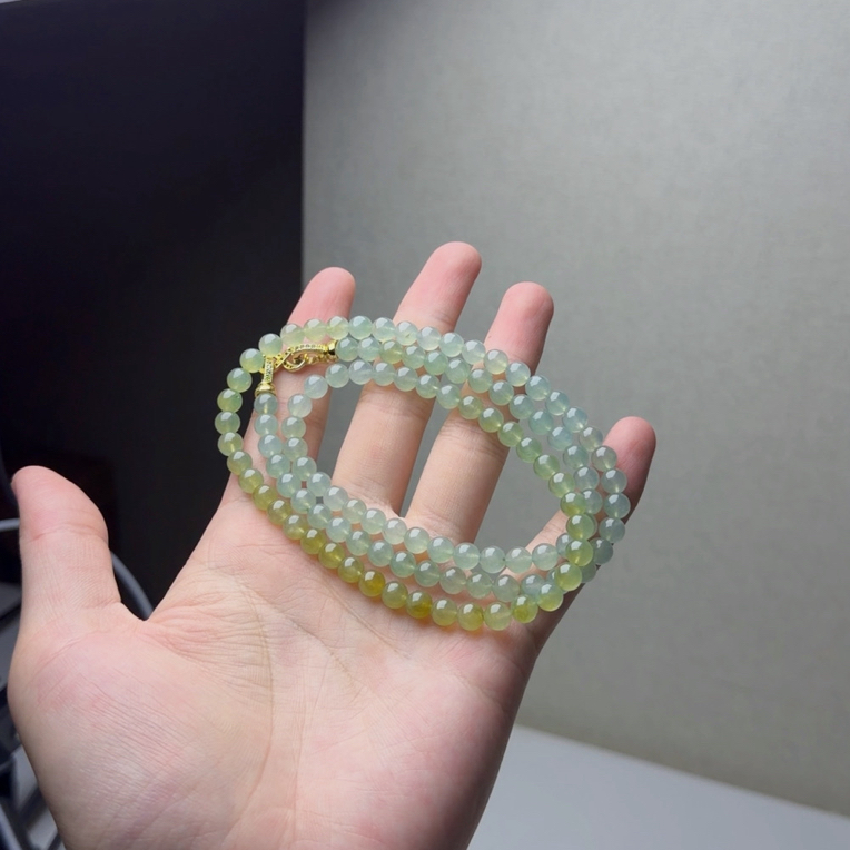 纯天然缅甸翡翠A货 卡6.3正冰渐变黄珠链项链（拍一发一）