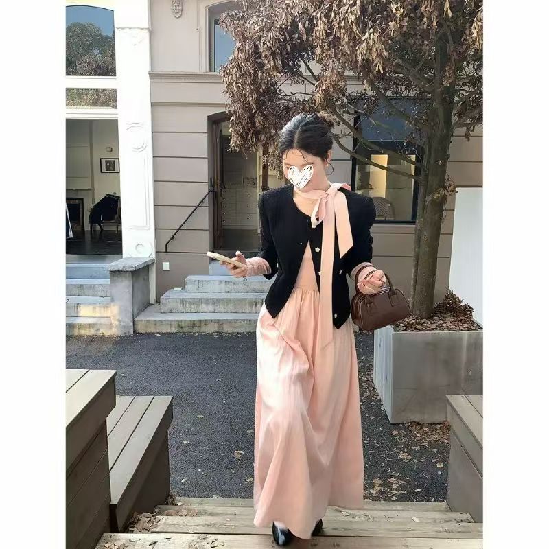 叮叮家【奶霜桃桃】韩版针织长袖收腰秋季连衣裙+小香风外套套装