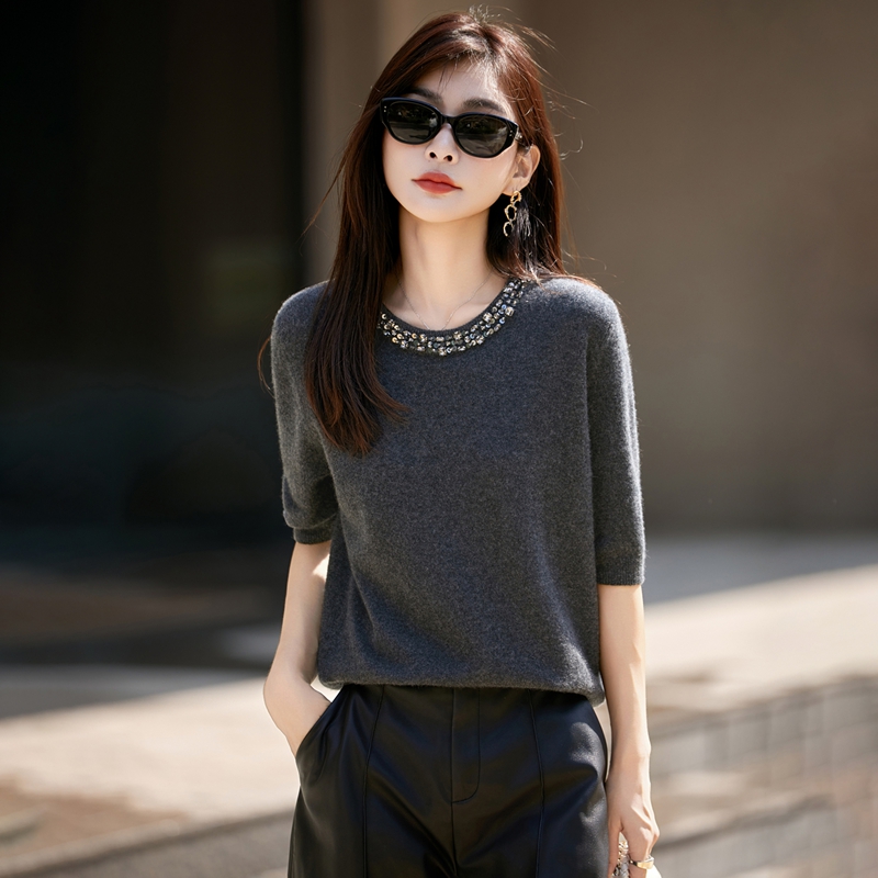 2025秋冬新款针织超细100%羊毛圆领钉钻套头半袖时尚百搭针织上衣