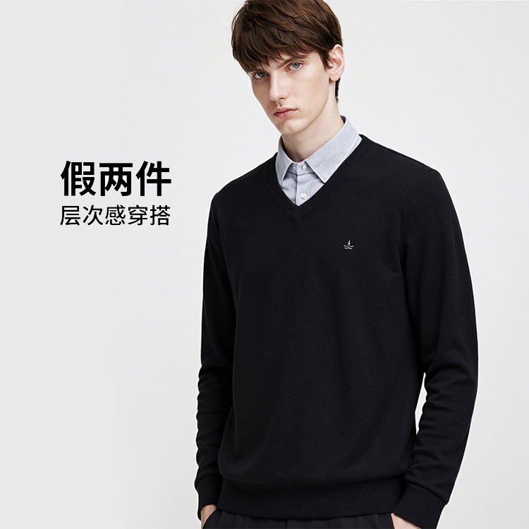 [假两件]Navigare意大利小帆船衬衫领休闲毛衣男秋冬加绒针织衫