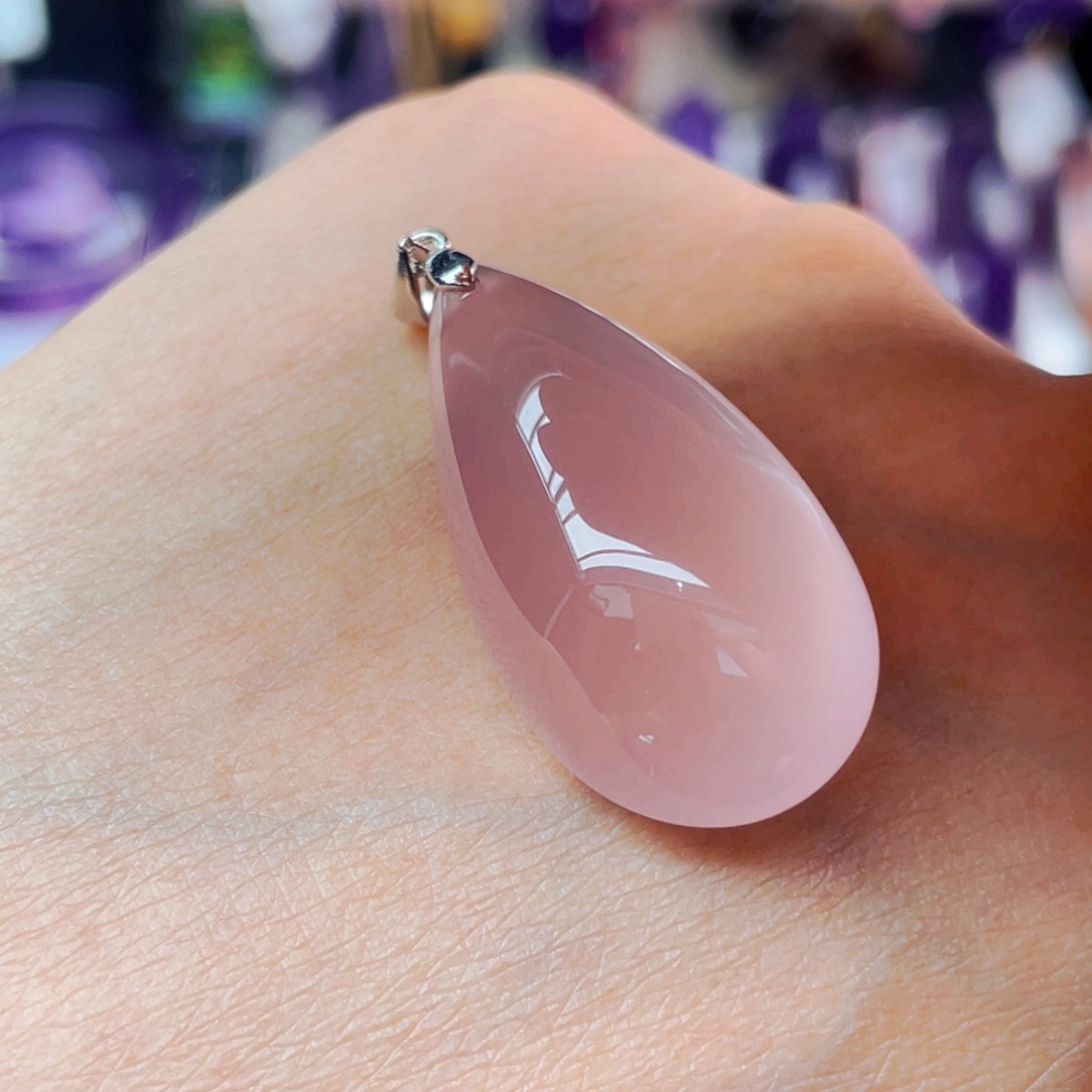 工厂定制天然粉水晶吊坠银S925镶嵌水晶