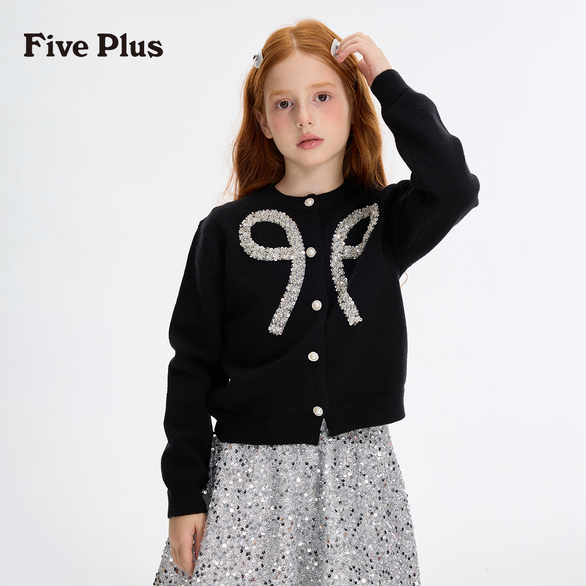 Five Plus女童开衫6-12岁春秋款儿童毛衣洋气蝴蝶结中大童上衣
