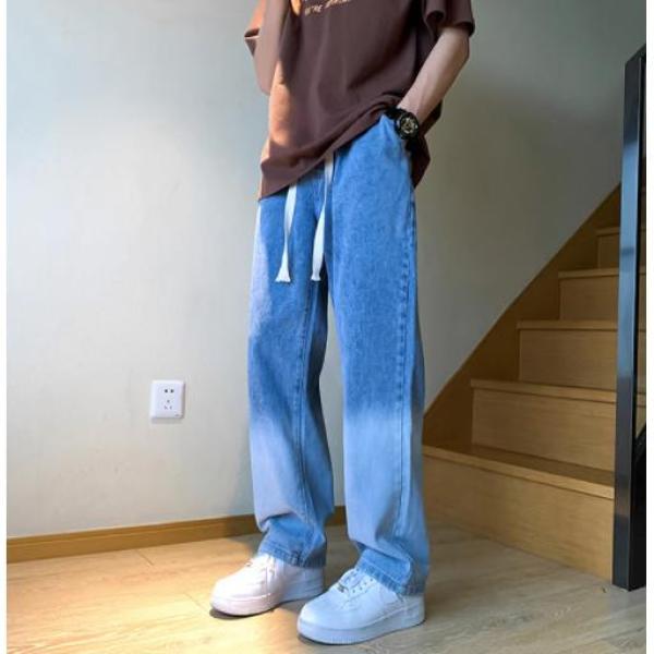 029春秋季牛仔裤男女美式高街抽绳复古宽松直筒百搭休闲长裤