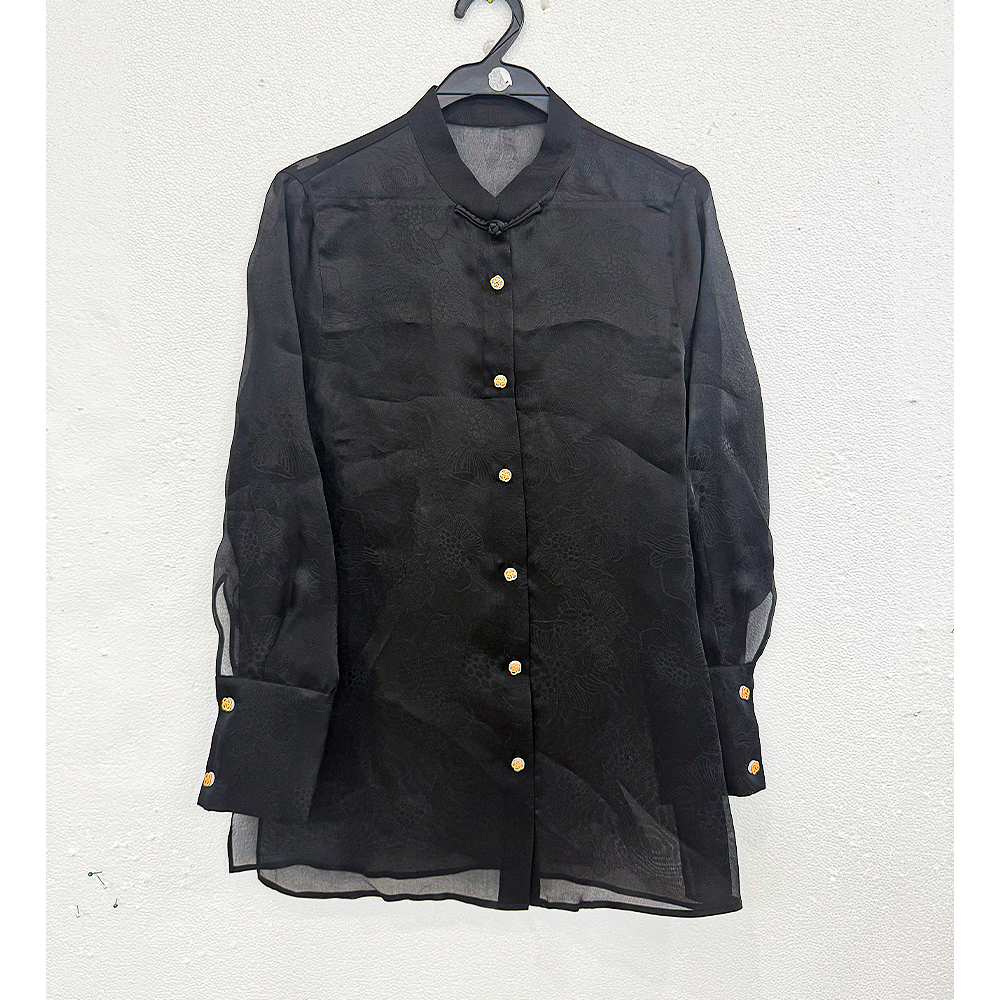 100桑蚕丝真丝欧根缎桑暗花桑蚕丝长袖衬衣ZKF93黑色