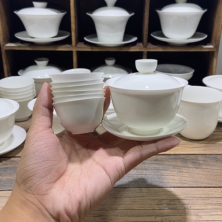 骨瓷小鼓盖碗盖下约100ml+6玉兰杯35ml