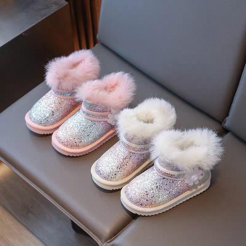 女童2025冬季新款软底防滑短靴皮面加绒闪亮公主棉靴36