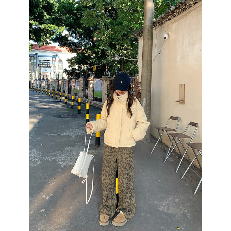 YOKALSS少女家 豹纹休闲百搭设计感直筒牛仔裤 H36965S53