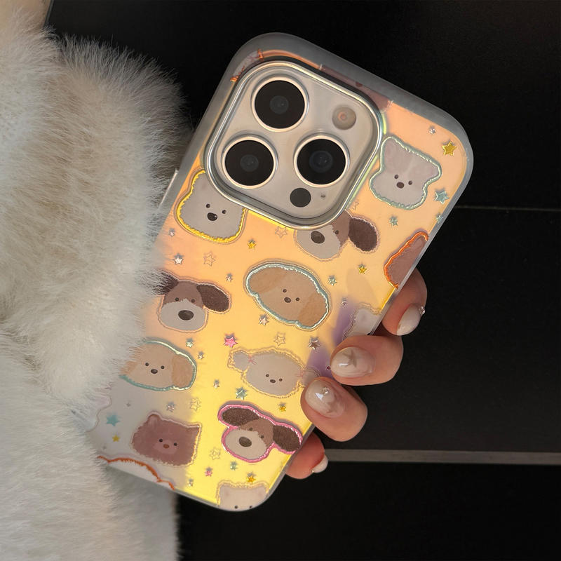 鎏金小狗脑袋适用iphone17手机壳17Promax镭射16电镀14趣味13硬15