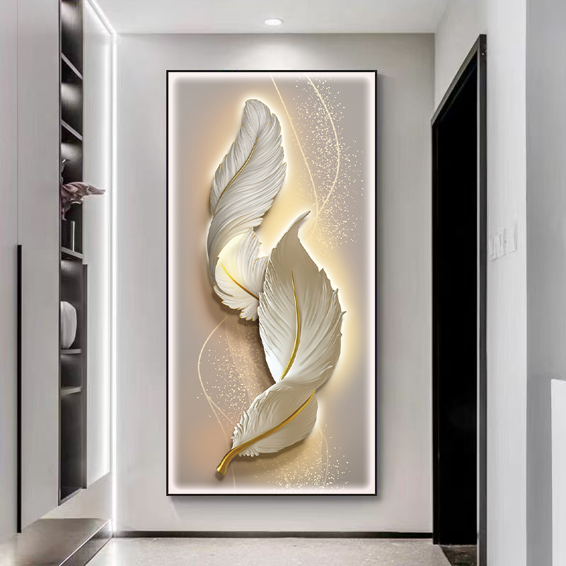 现代简约轻奢入户玄关装饰画羽毛走廊过道挂画抽象竖版壁画