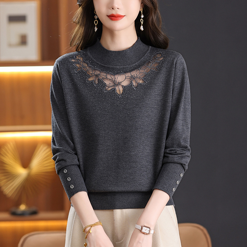 秋冬大码女装蕾丝半高领针织打底羊毛衫宽松显瘦女士洋气时尚毛衣