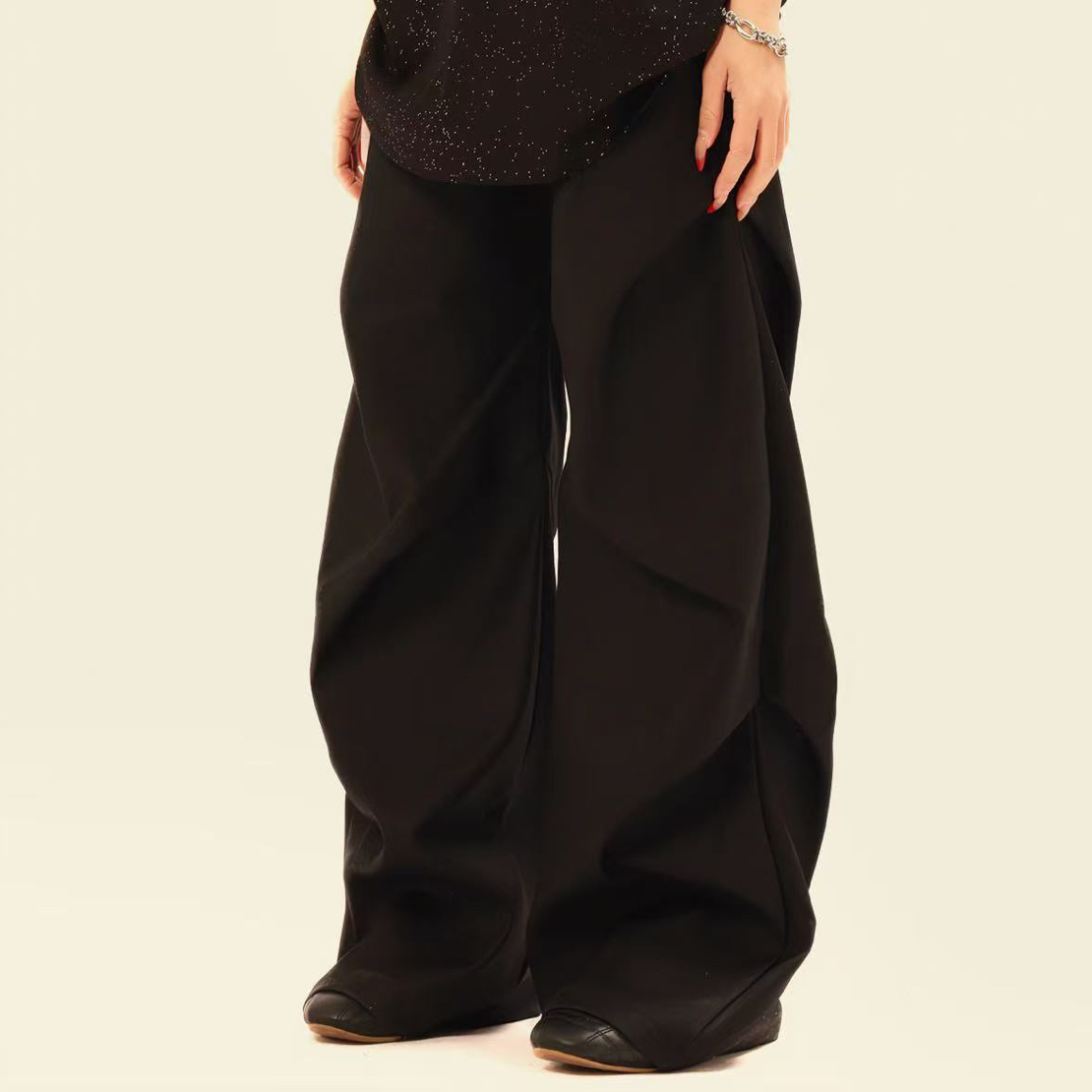 褶皱弯刀休闲裤高腰显瘦宽松百搭男士长裤