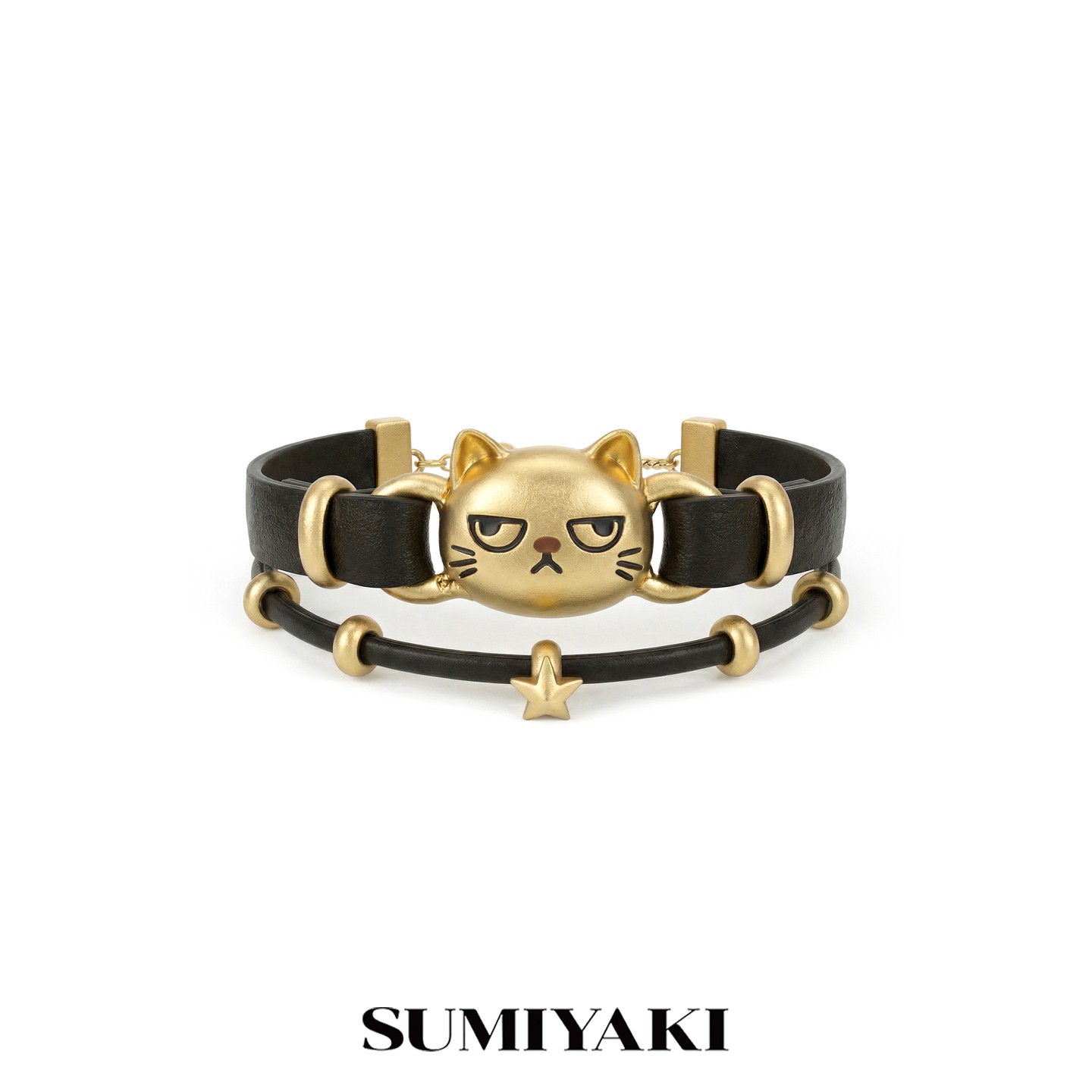 铜合金合成锆石手链 SUMIYAKI 不高兴猫咪手链 复古金喵皮革手环