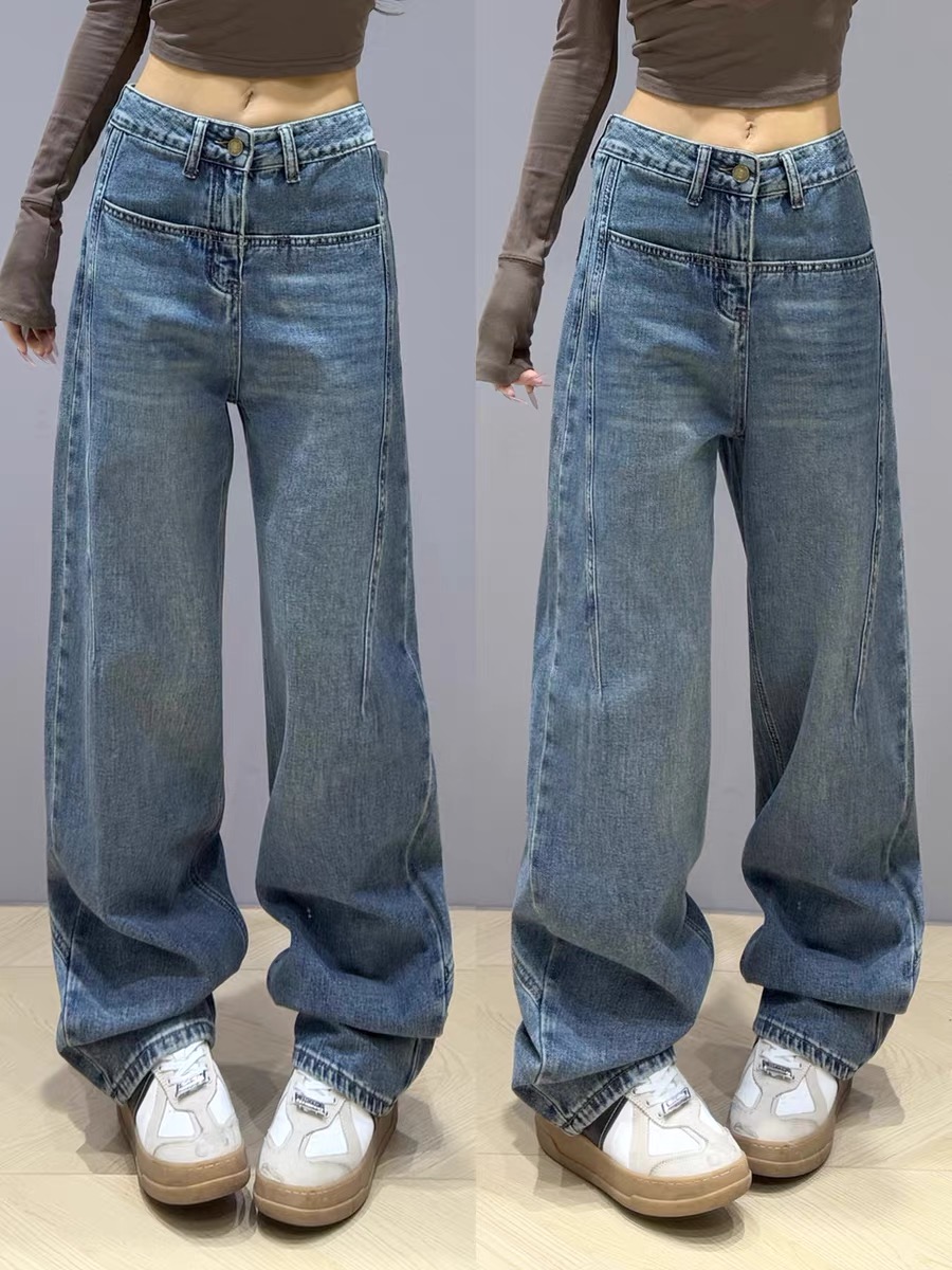 女高腰牛仔裤女韩系裤子复古阔腿裤弯刀裤宽松