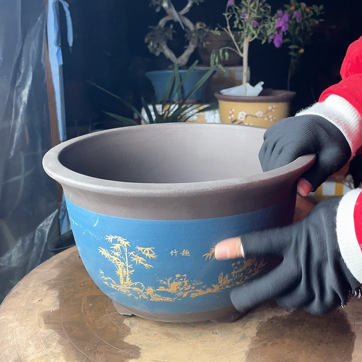 紫砂30蓝熊猫花盆华哦