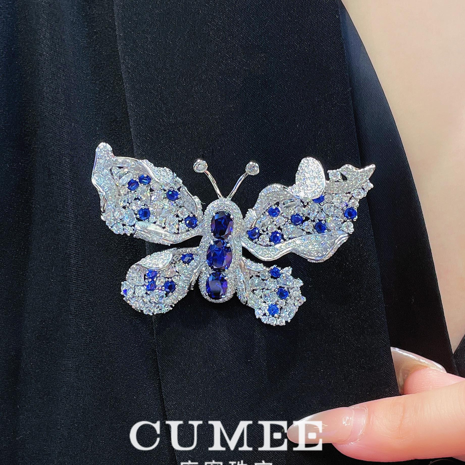 925银胸针 CUMEE 立体手工镶嵌蝴蝶胸针 培育合成蓝宝石胸针.银镀