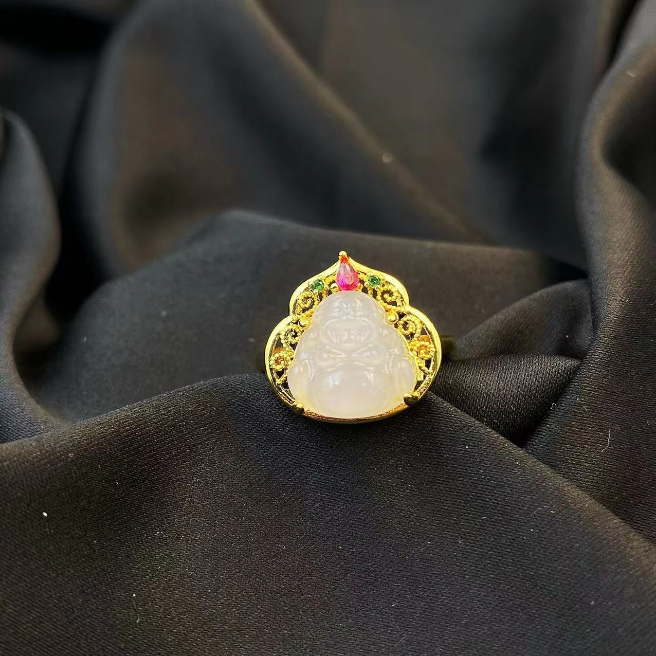 和田玉烟紫镂空佛公戒指A393 赠包装合金