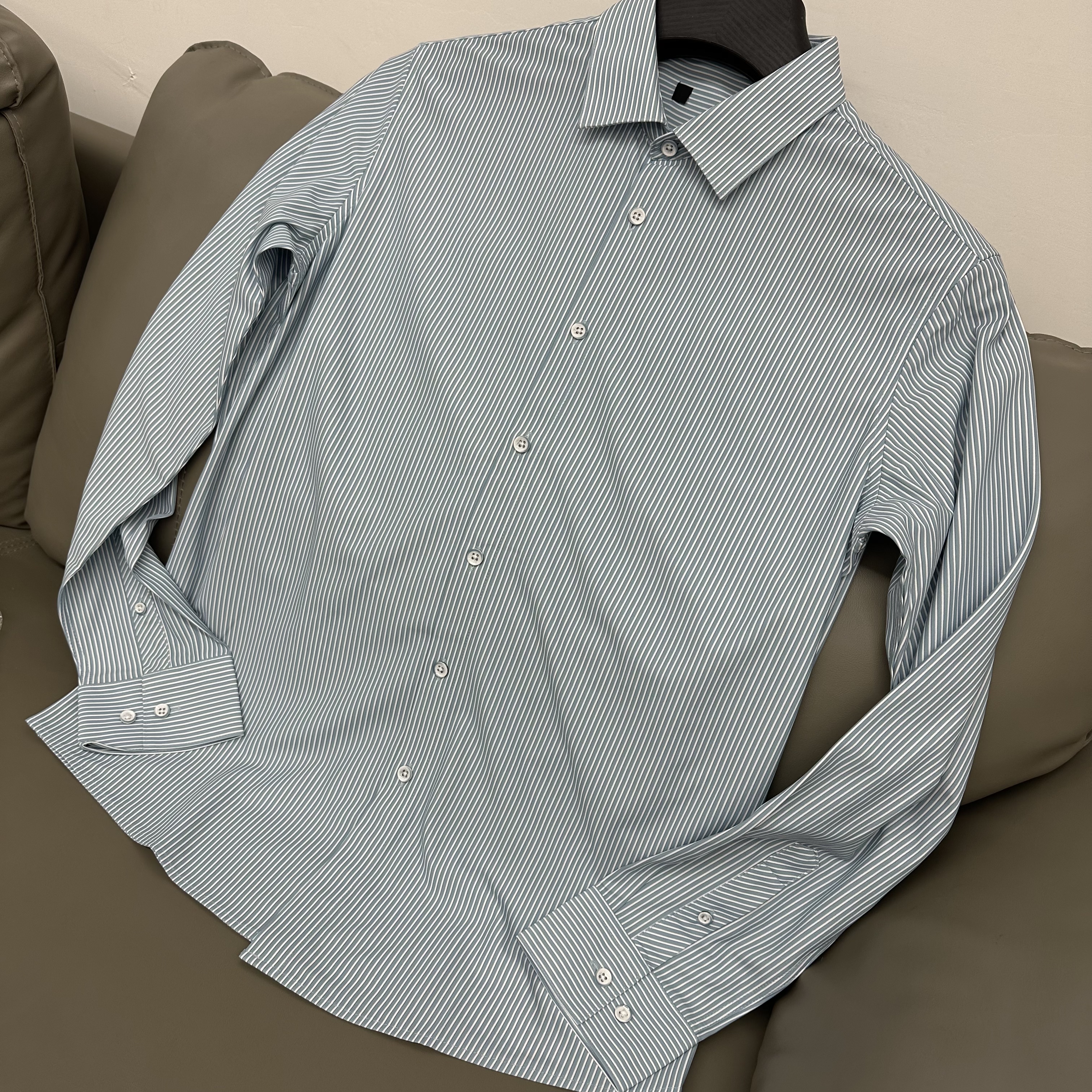 青色条纹！品牌撤柜新款免熨烫男士休闲商务长袖衬衫