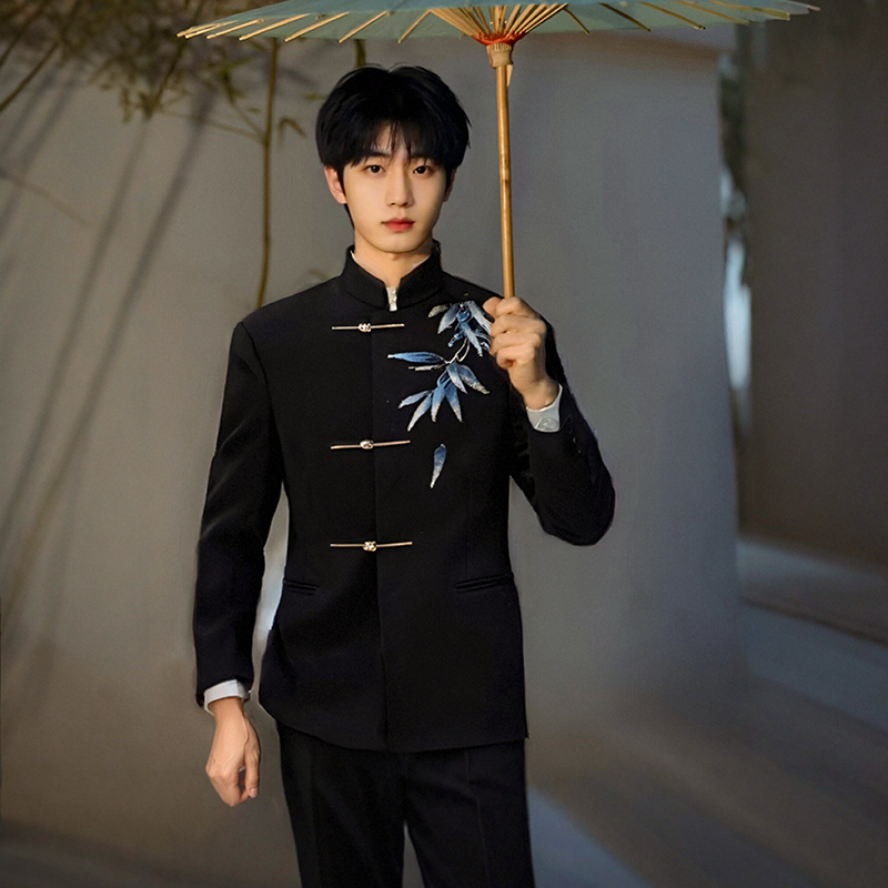 2025中山装套装男新中式盘扣西服男中式结婚订婚礼服中国风唐装男
